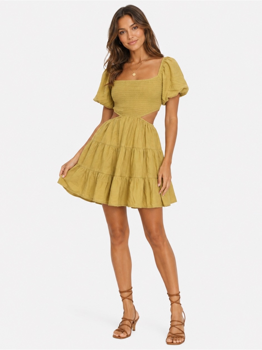 Sky To Moon Dress Women Sz Med Yellow Tayon Cutout Tiered Smocked Boho Festival